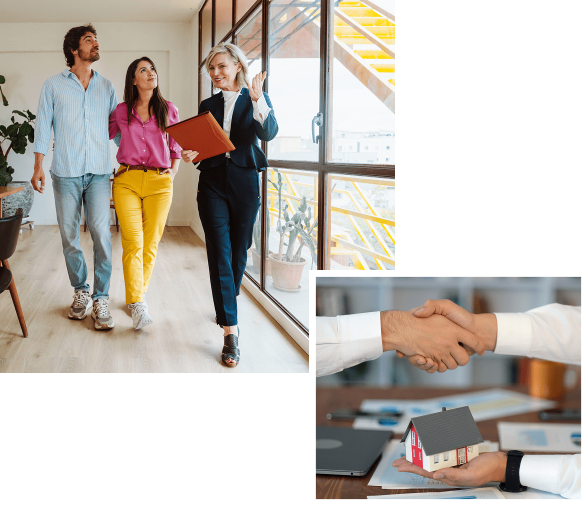 Business handshake over house model
