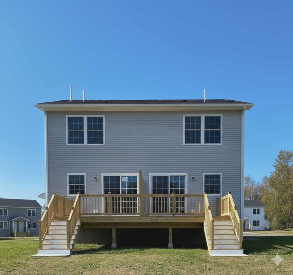 Rear view of a two-story house with a wooden deck and dual staircases.